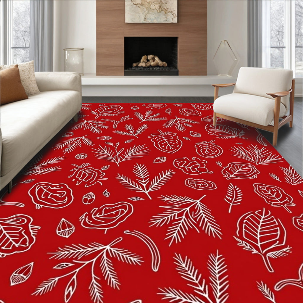 White Botanical Sketch On Red Rug