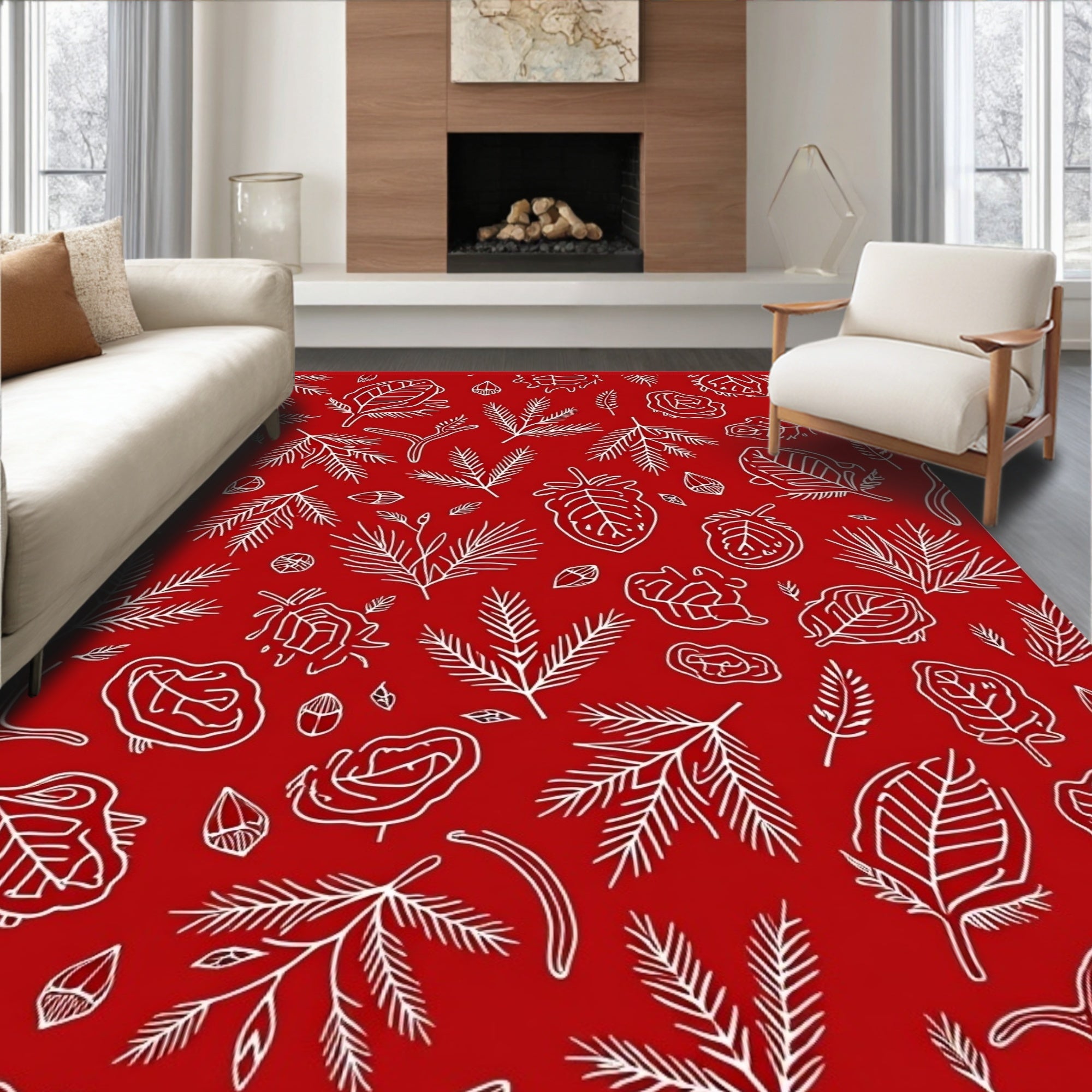 White Botanical Sketch On Red Rug