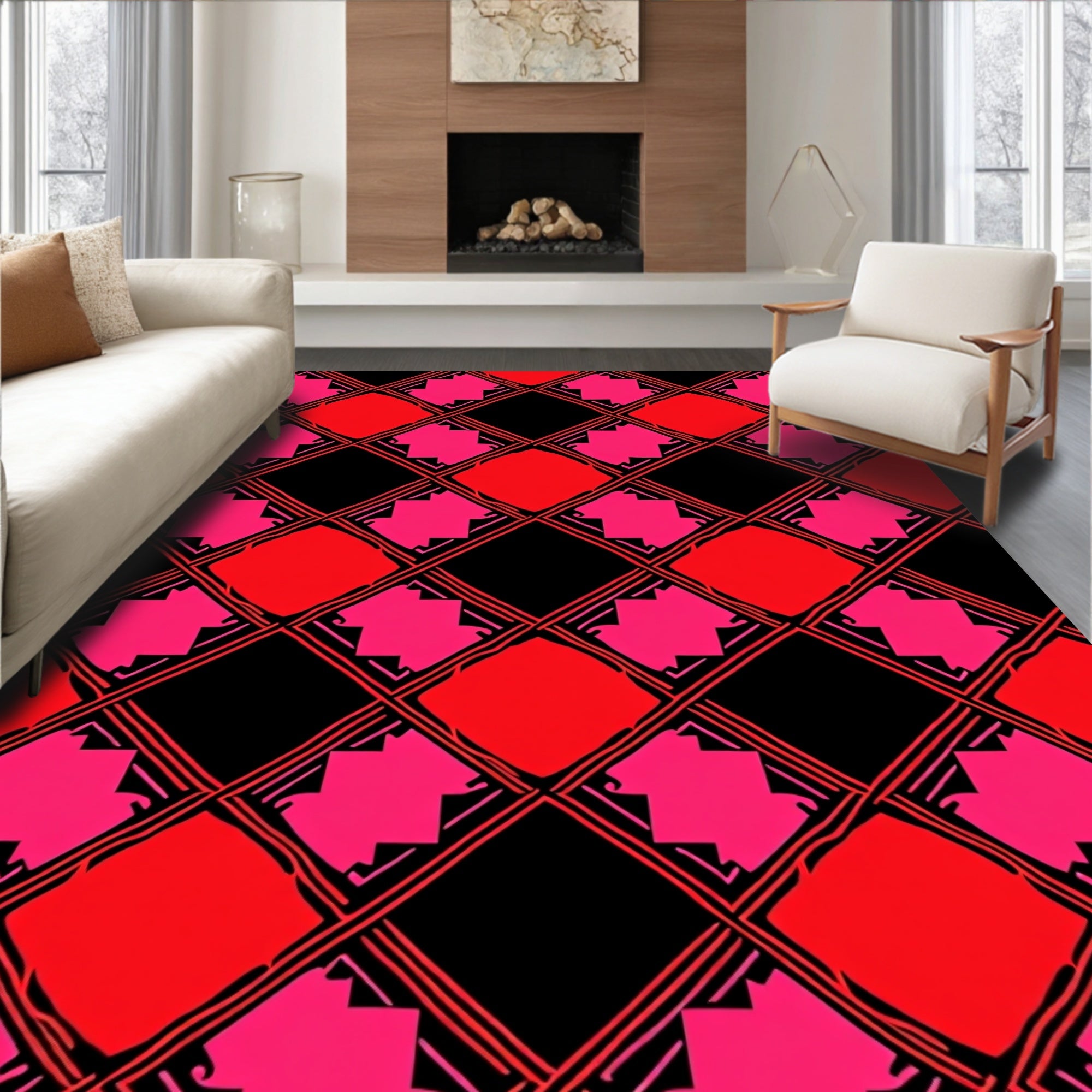 Bold Red Pink Diamond Lattice Rug