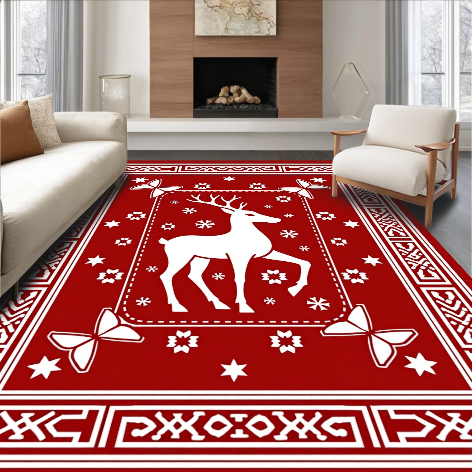 Crimson Deer Butterfly Snowflakes Tassel Border Rug