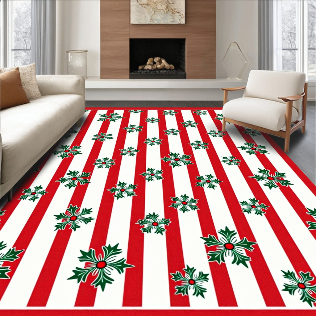 Red White Stripe Festive Holly Rug