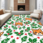 Playful Orange Cat Holly Berries Rug