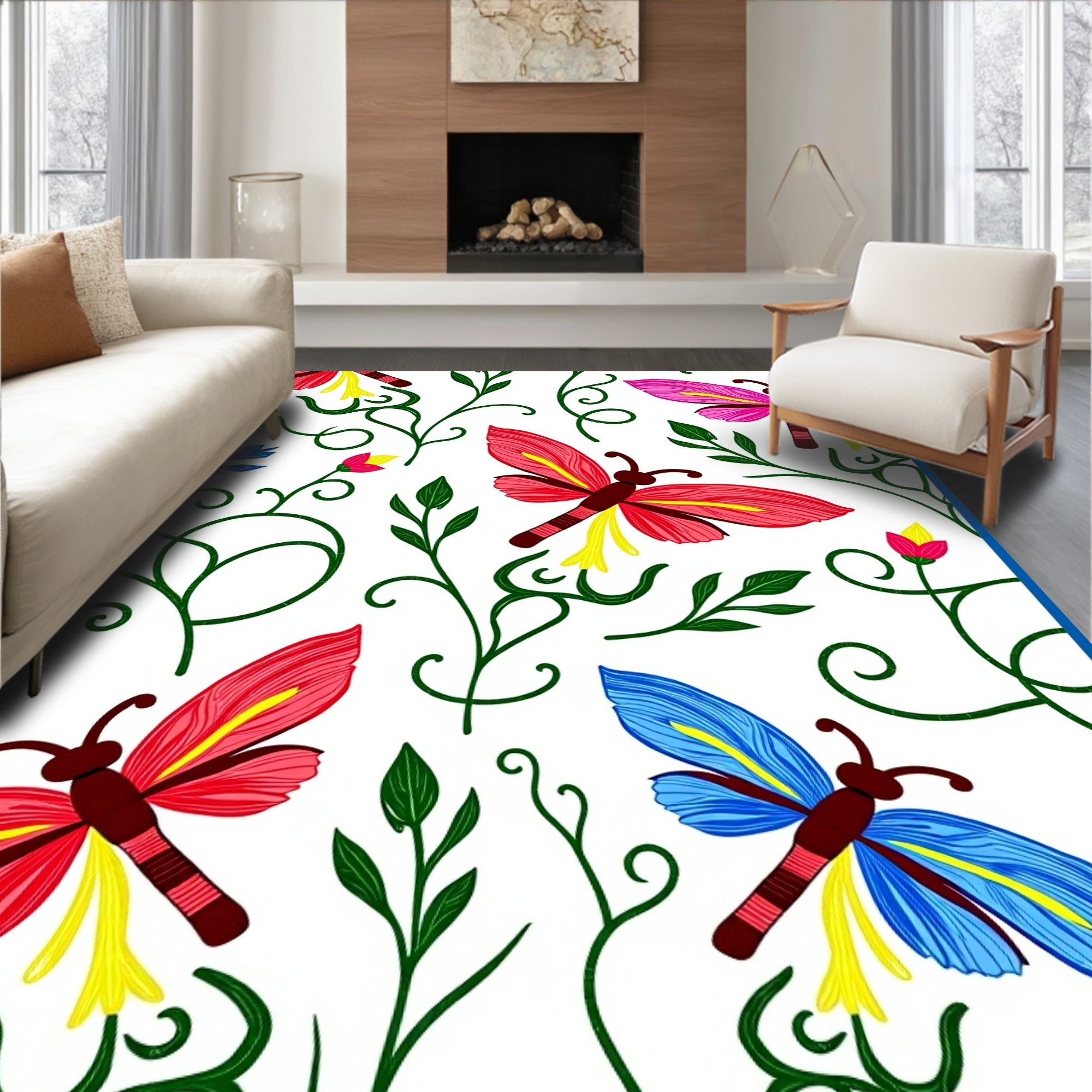 Whimsical Crimson Blue Butterfly Garden Rug