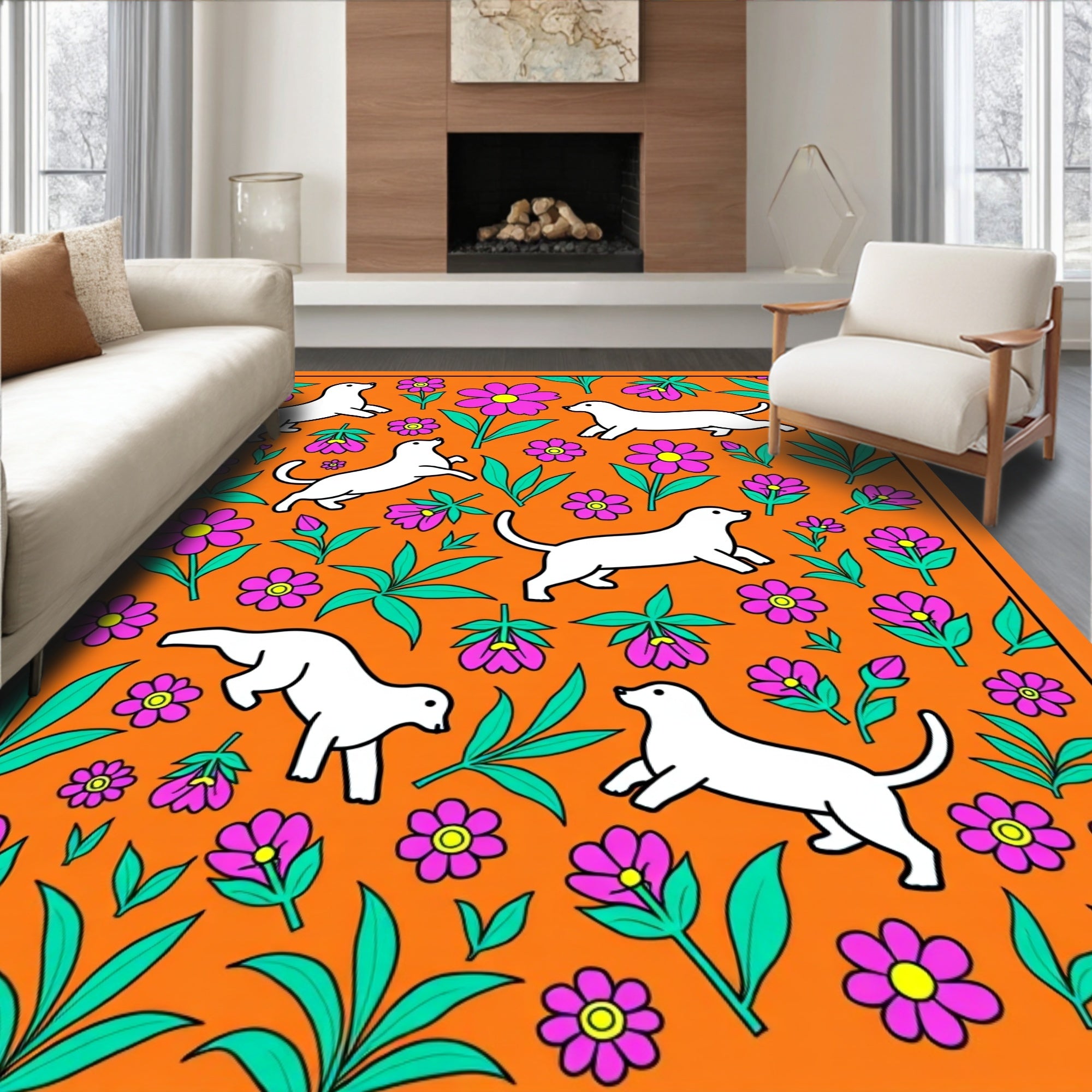 Whimsical White Dogs Floral Garden Rug