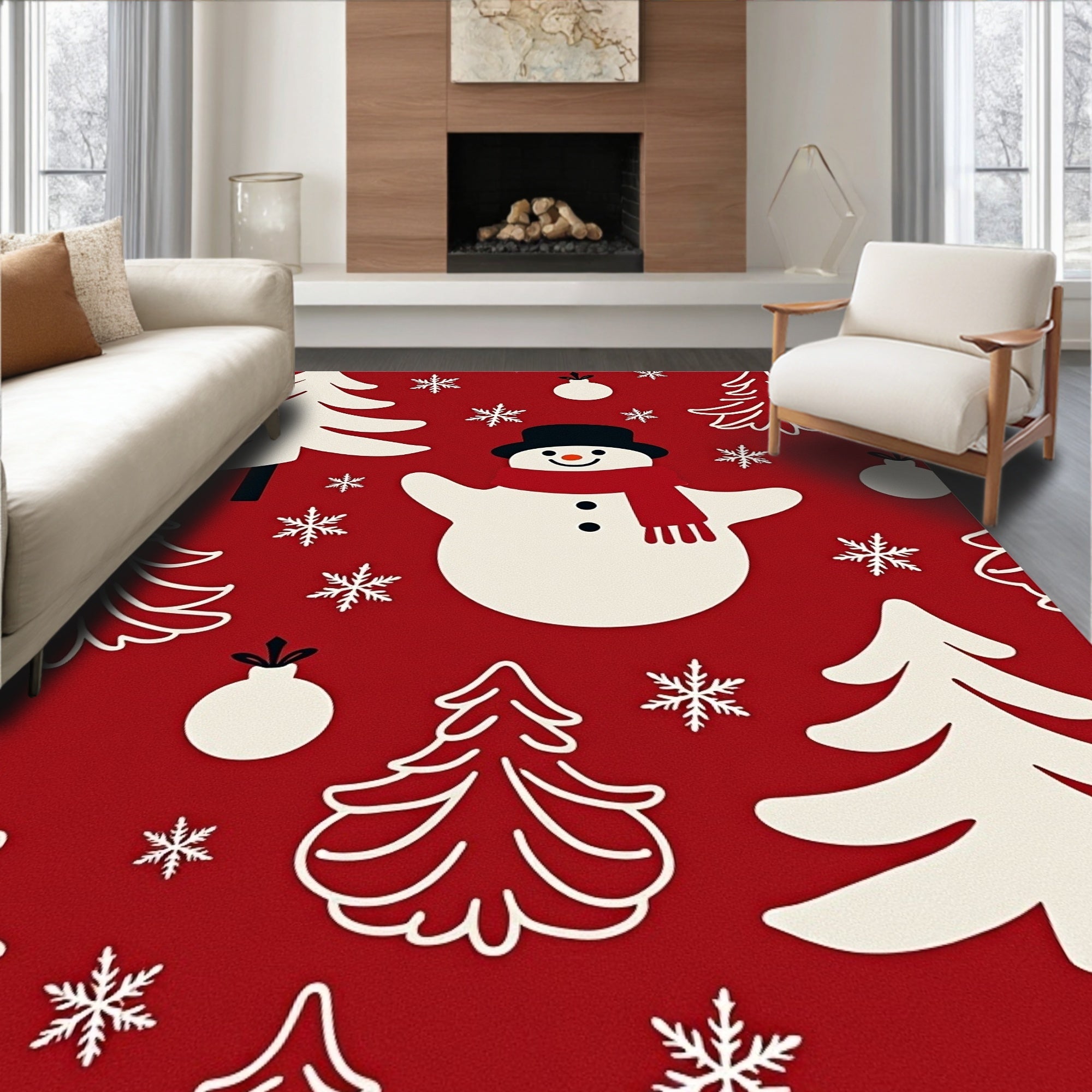 Cheerful Red Snowman Christmas Tree Snowflakes Rug