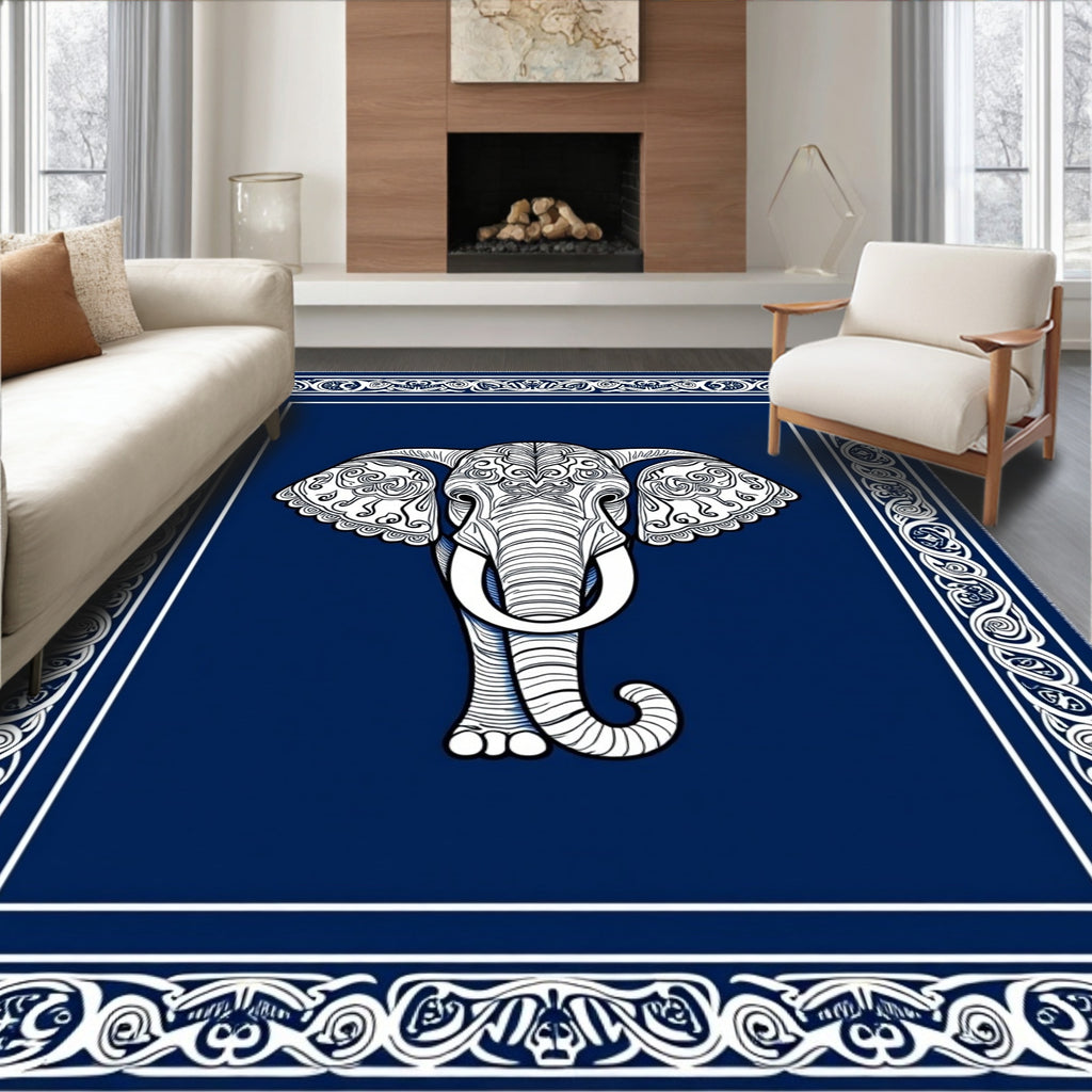 Ornate White Elephant Indigo Border Rug