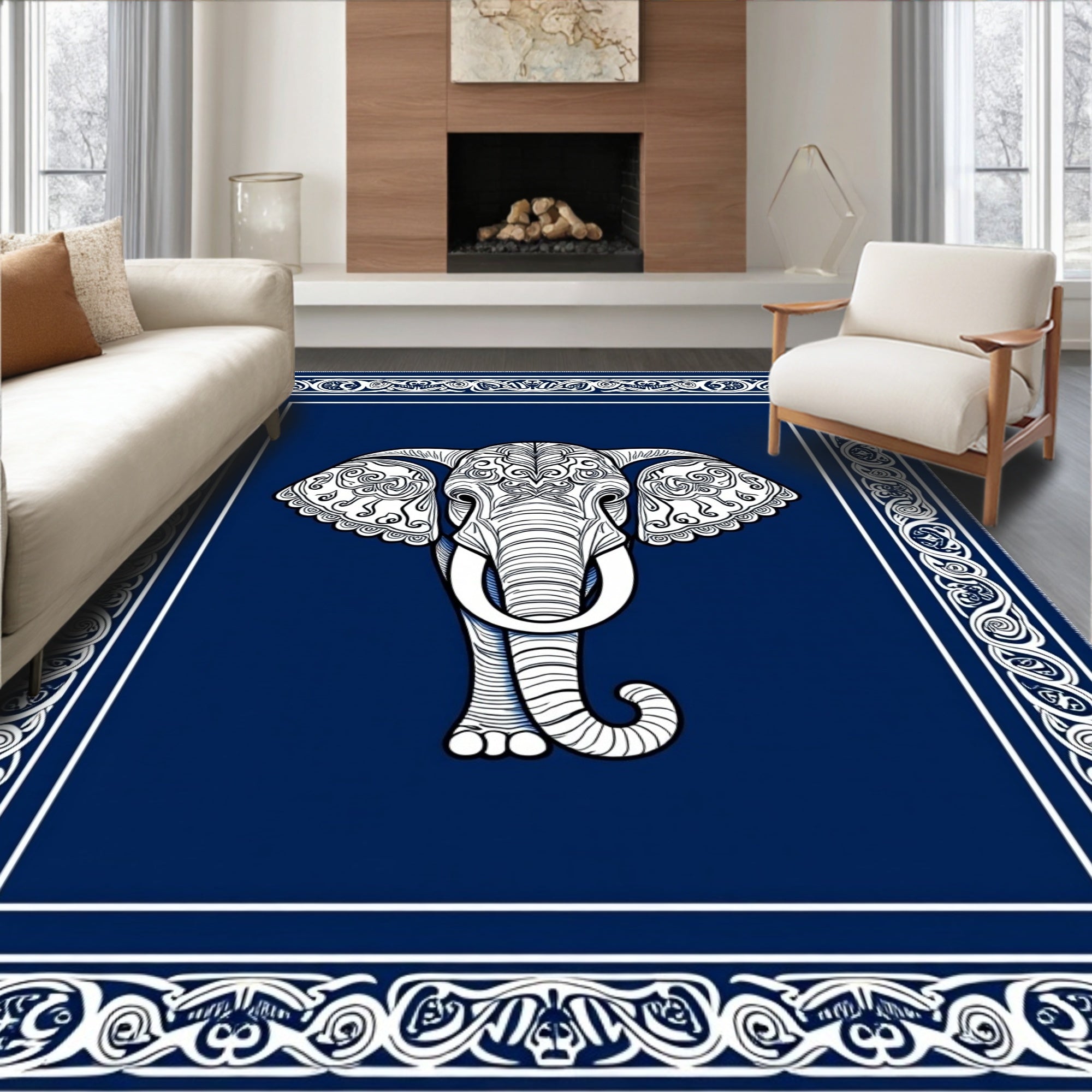 Ornate White Elephant Indigo Border Rug