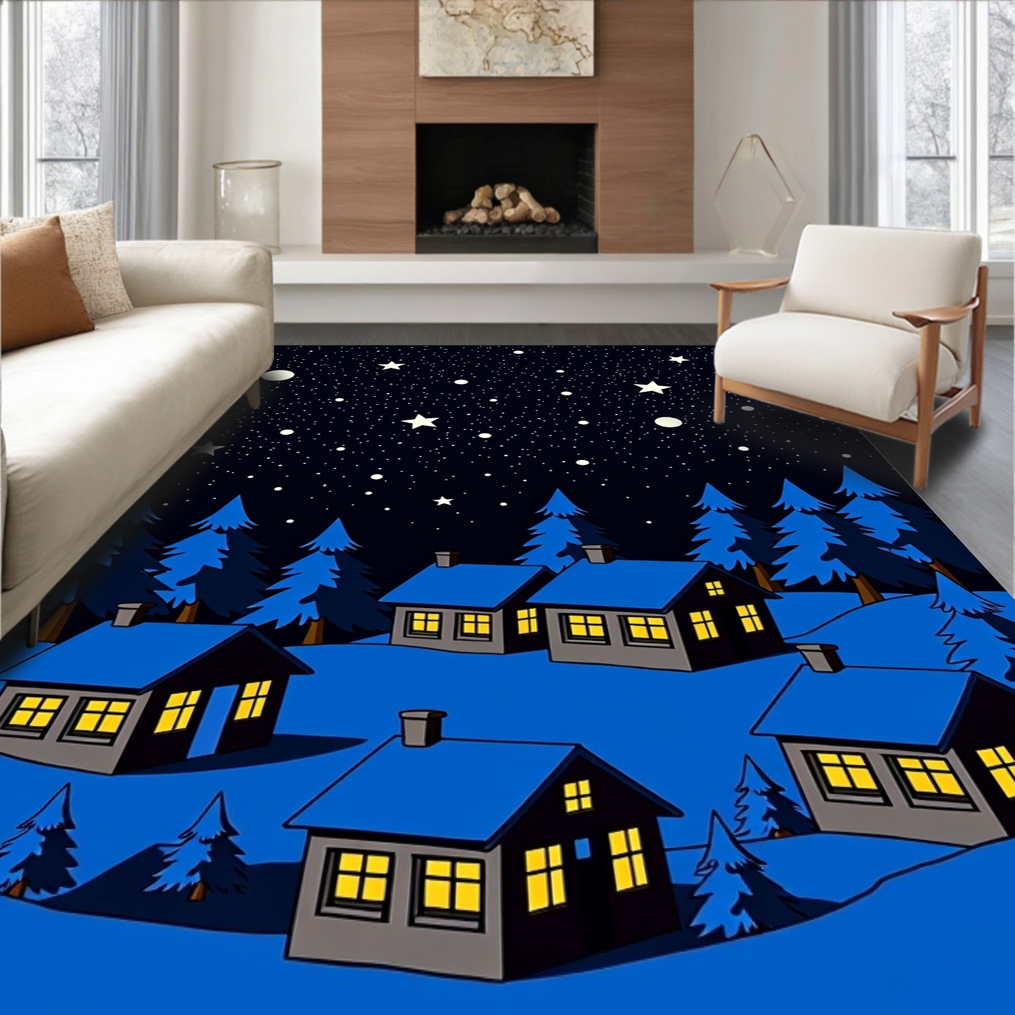 Midnight Blue Starry Village Houses Rug