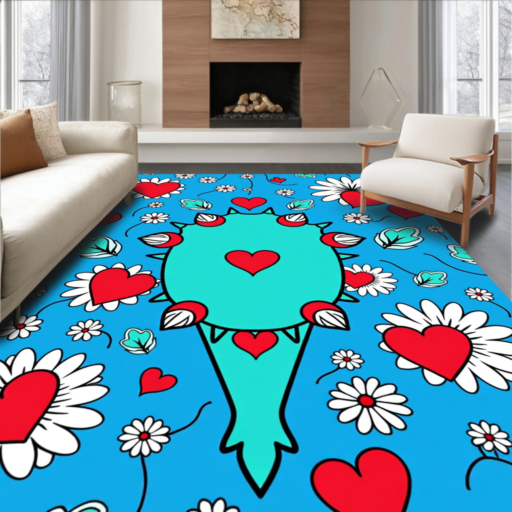 Teal Heart Monster Daisy Garden Rug
