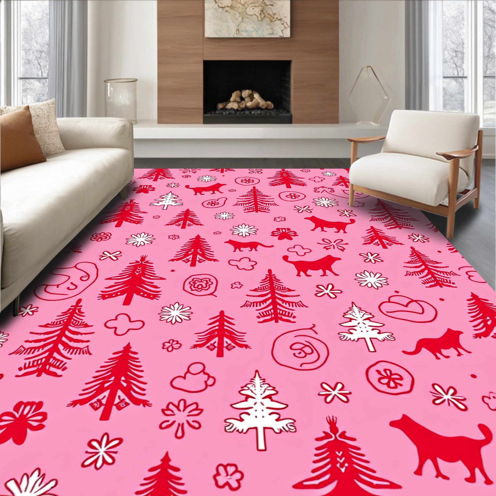 Red Pine Trees and Dogs Whimsical Pink Rug