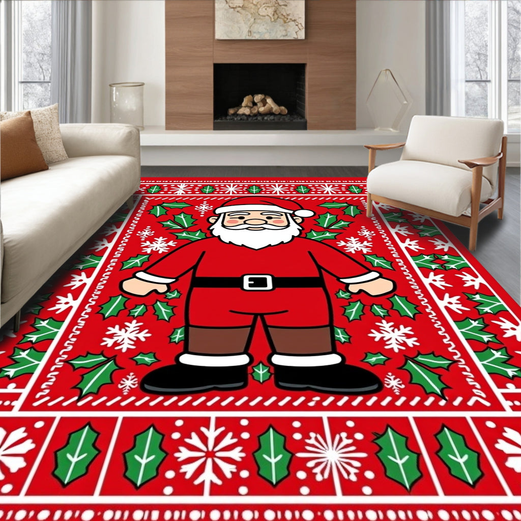 Red Santa Claus Holly Snowflake Christmas Rug