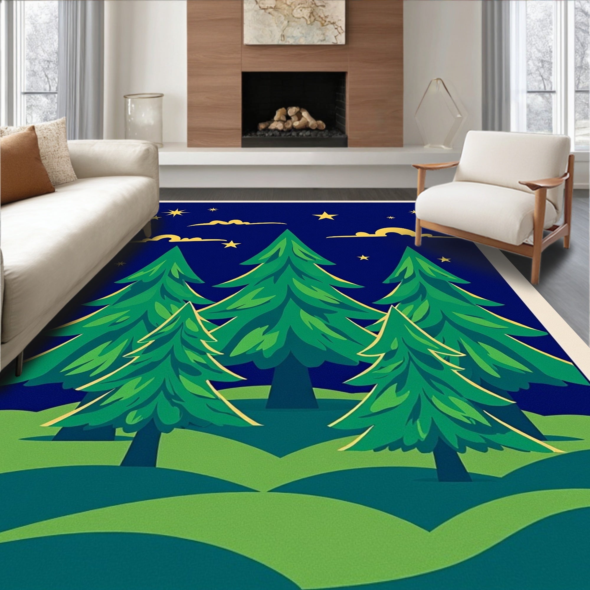 Dark Night Green Evergreen Forest Stars Rug