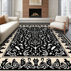 Black cream organic scrollwork medallion Rug