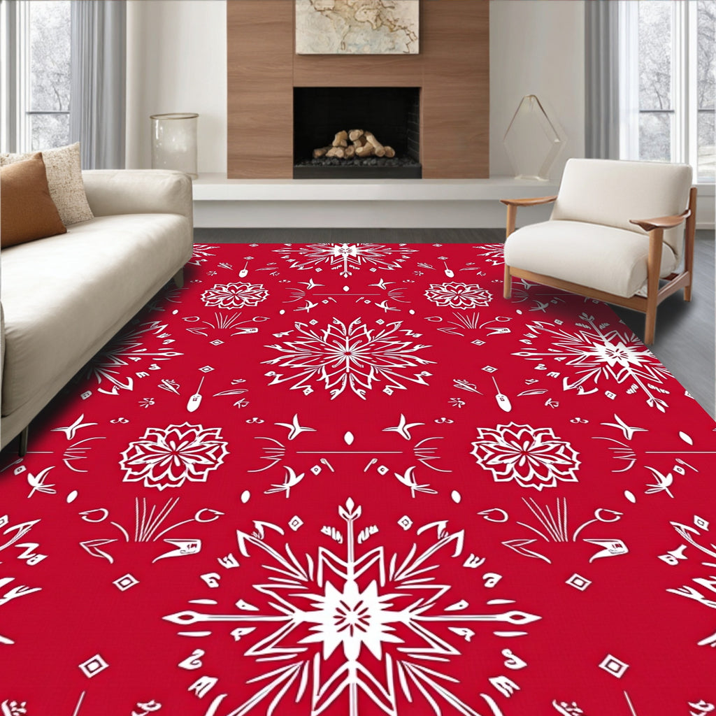 Crimson White Snowflake Starburst Rug