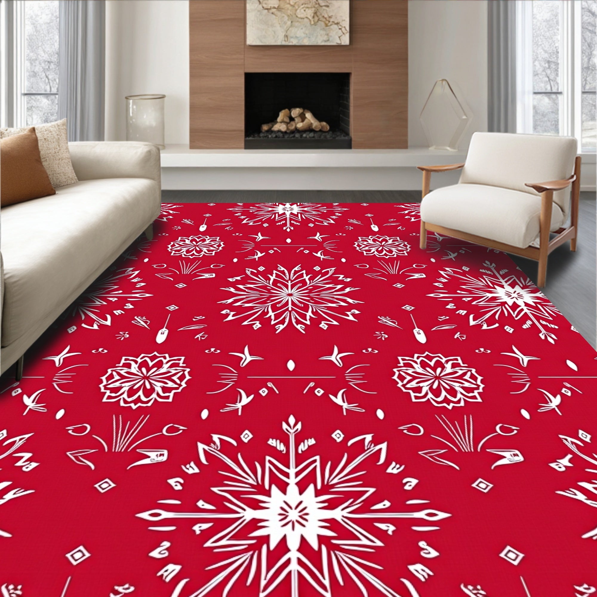 Crimson White Snowflake Starburst Rug
