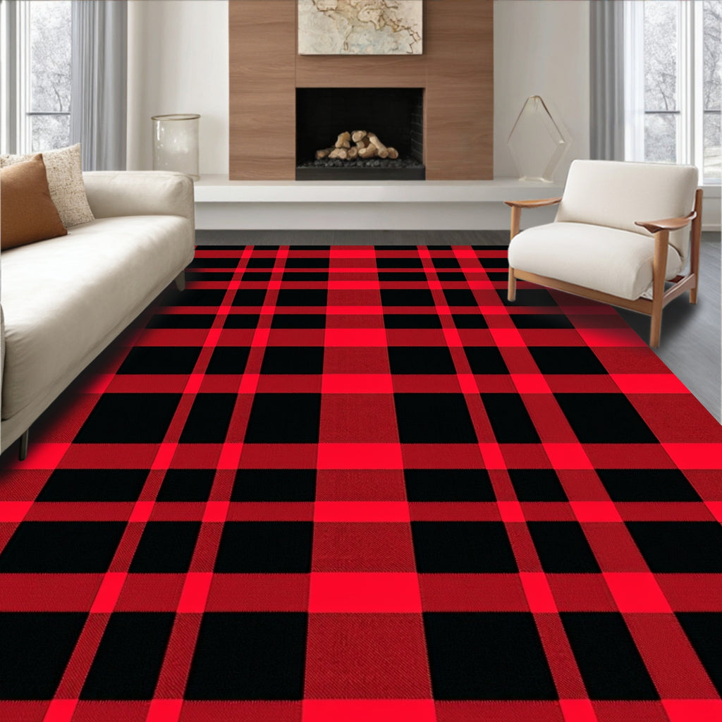 Classic Red Black Plaid Squares Rug