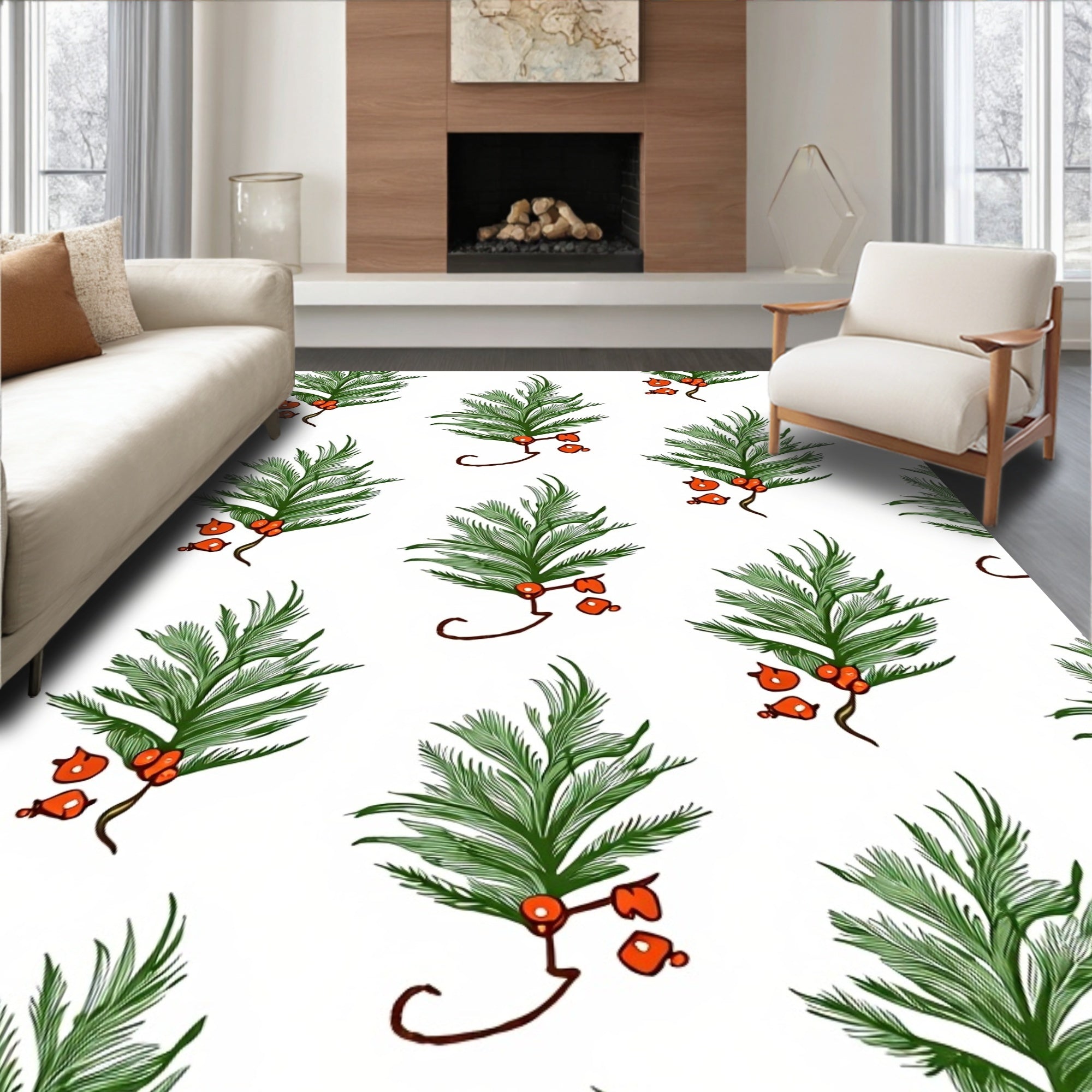 Green Pine Sprigs with Orange Berries Rug