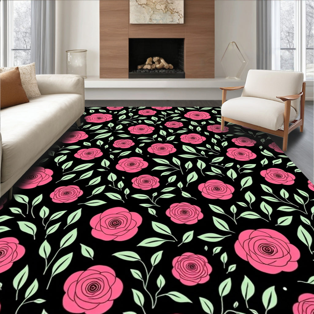 Vibrant Pink Roses Black Garden Rug