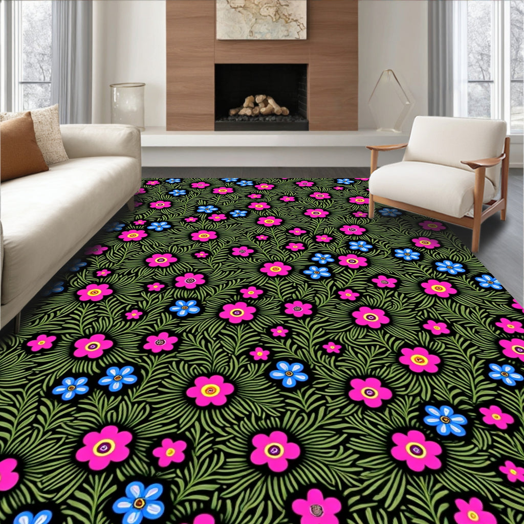 Charming Pink Blue Floral Garden Rug