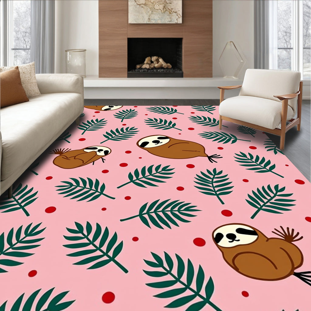 Pink Tropical Sloth Leaf Arrangement Rug