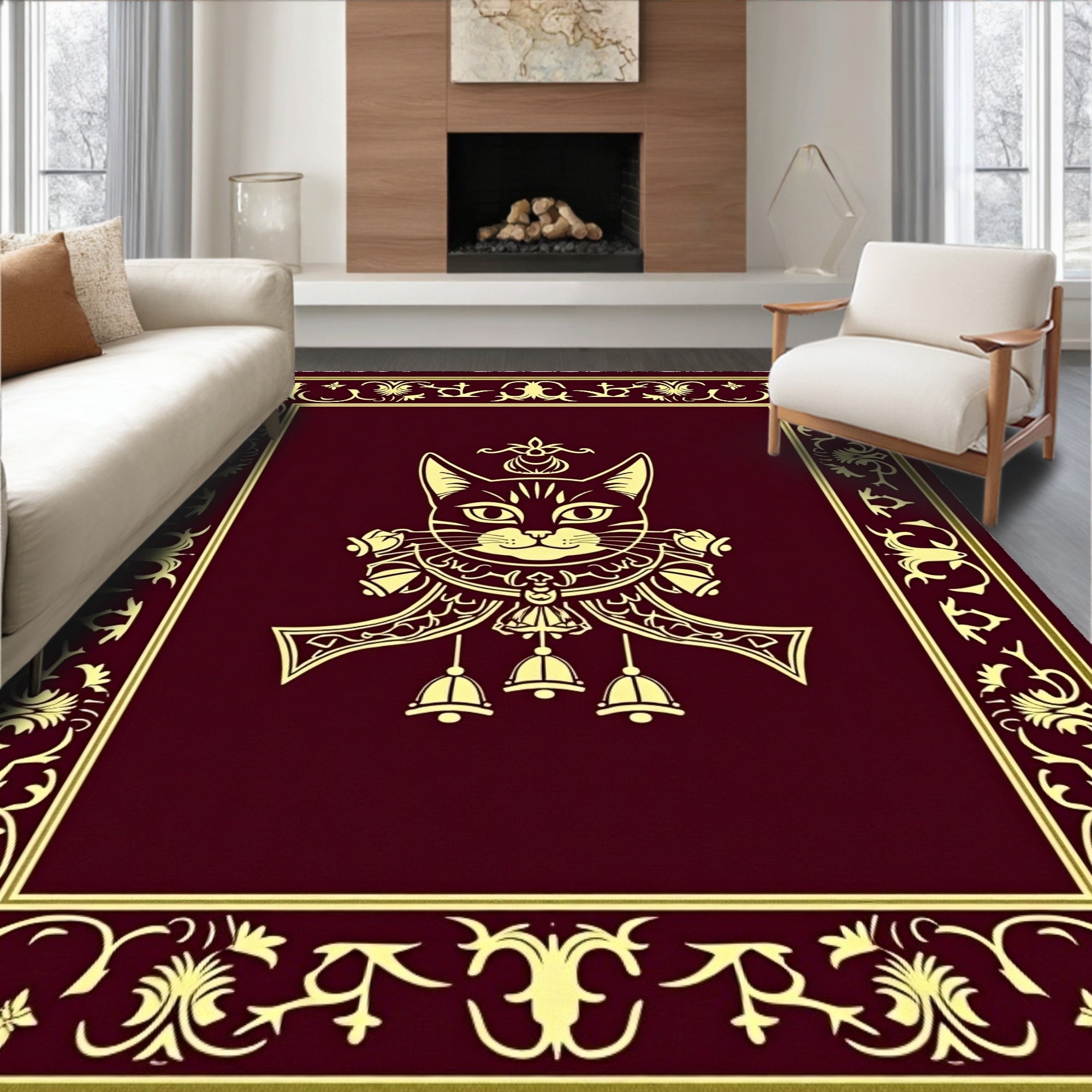 Regal Feline Crimson Ornamental Brocade Rug