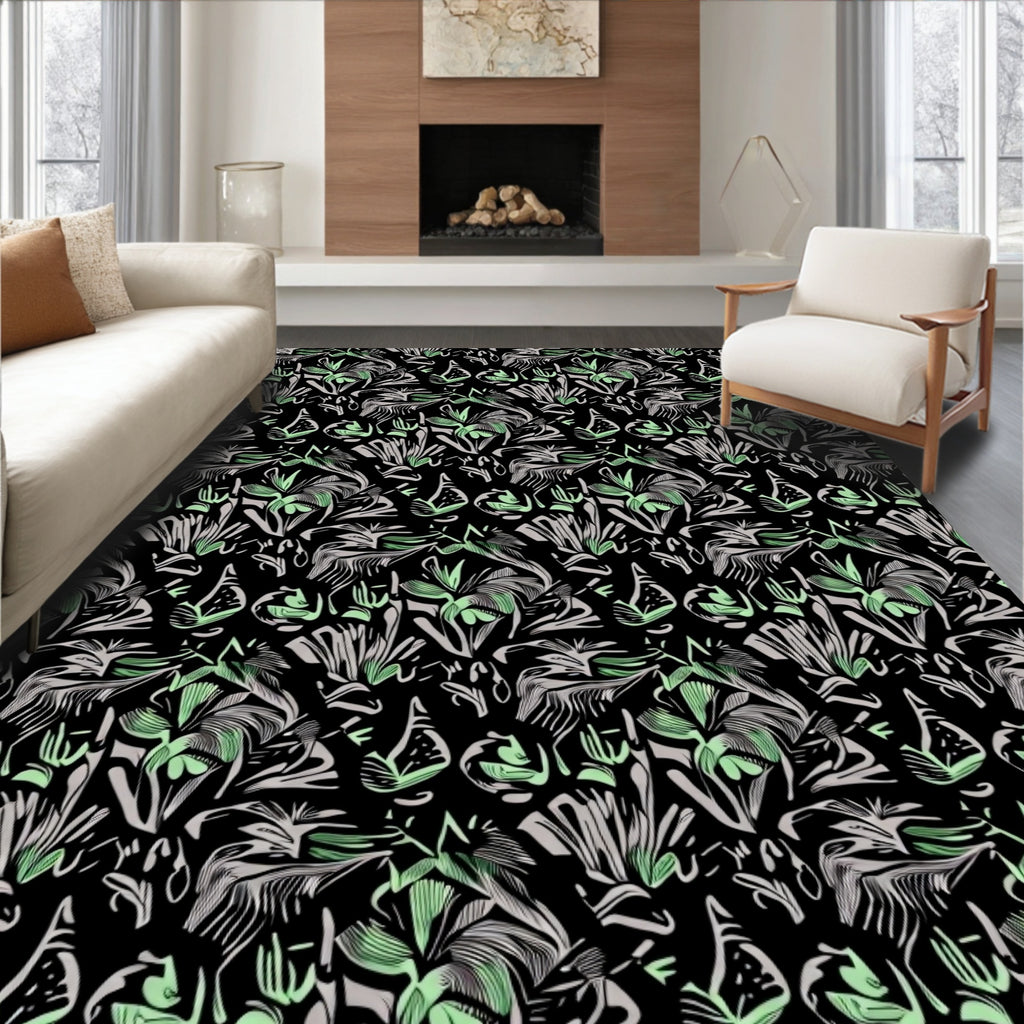 Botanical Sketch Black Green Floral Collage Rug