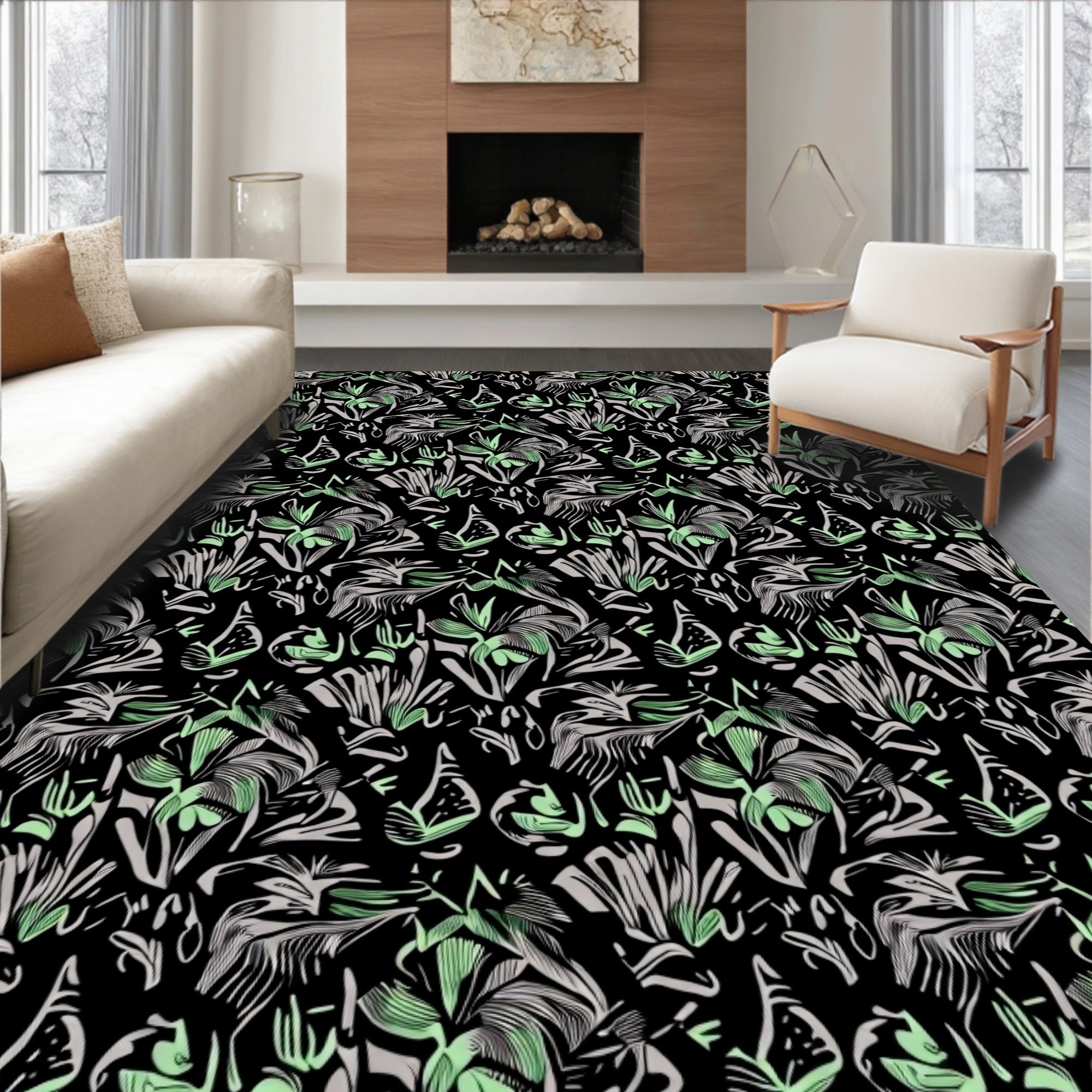 Botanical Sketch Black Green Floral Collage Rug