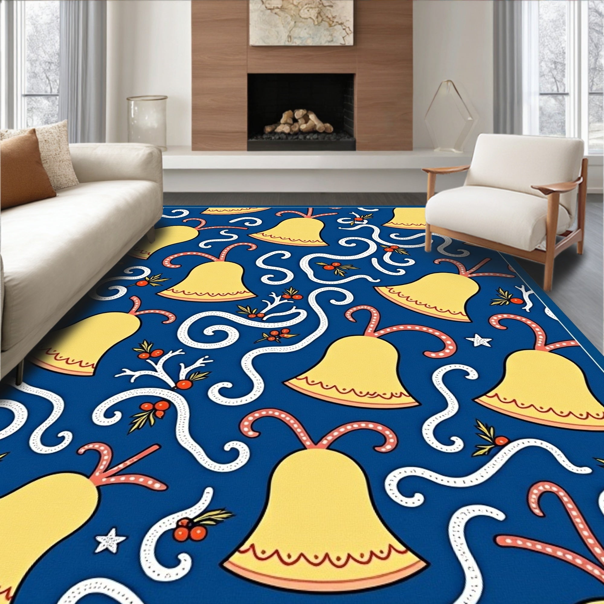 Golden Bells With Red Berries Whimsical Design Rug