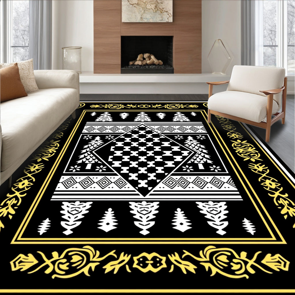 Black Yellow Geometric Pine Forest Rug