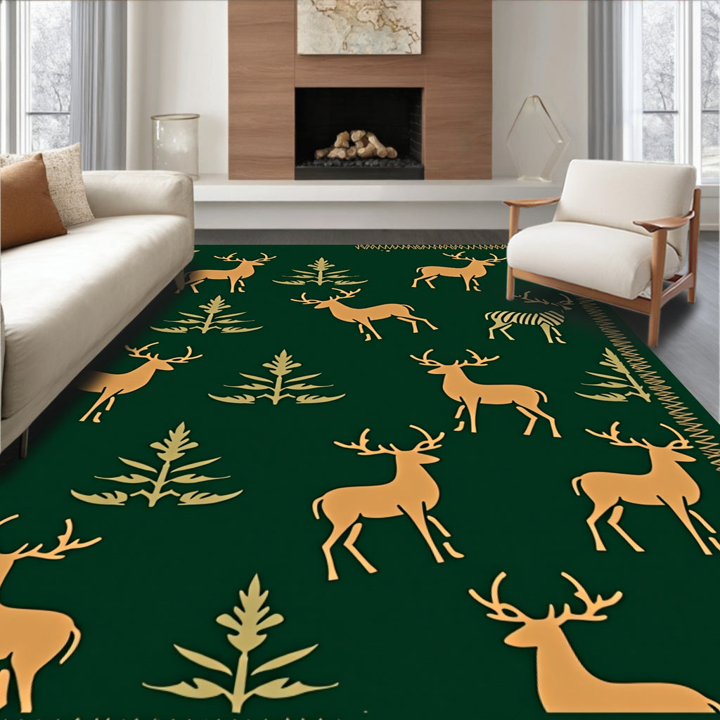 Golden Deer Evergreen Forest Scene Rug