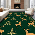 Golden Deer Evergreen Forest Scene Rug