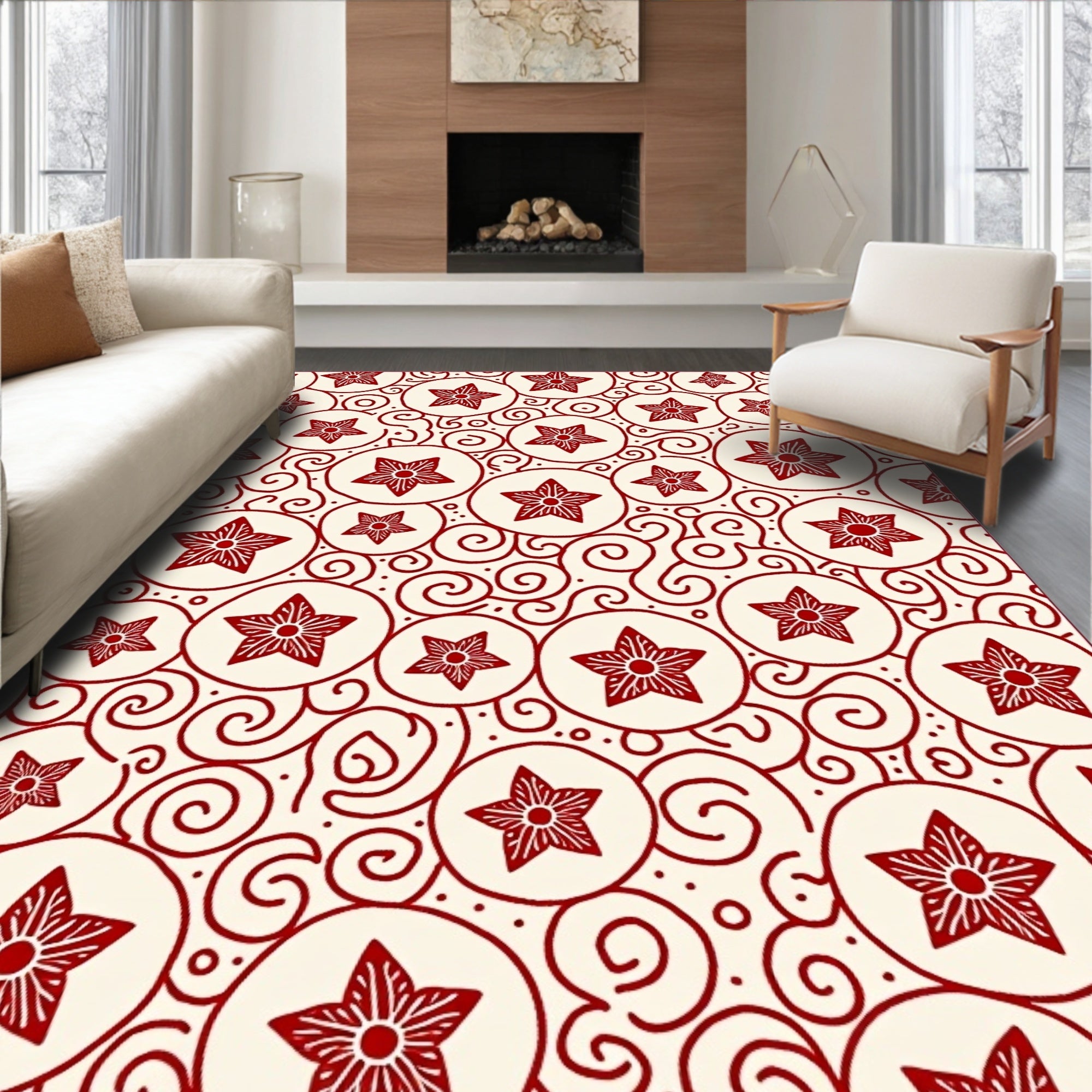 Crimson Red Star Circles Swirls Rug