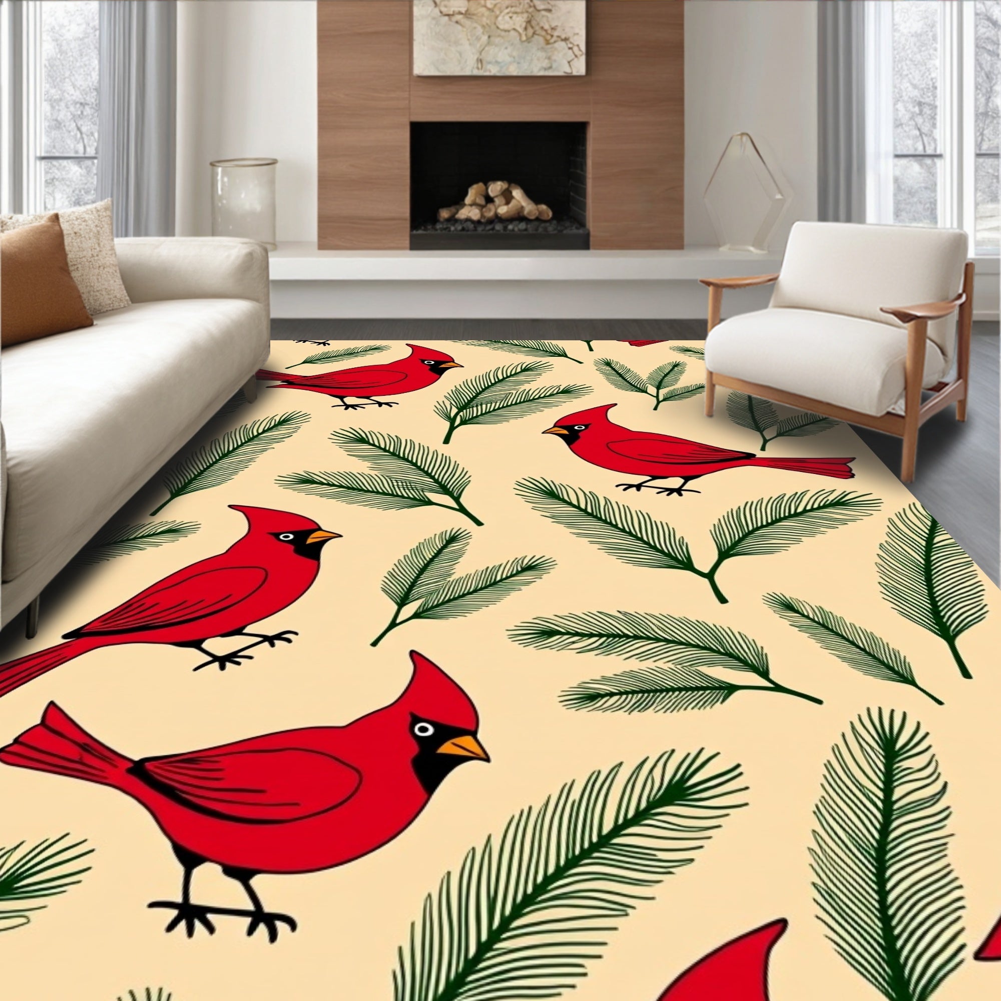 Red Cardinals Green Pine Branches Rug