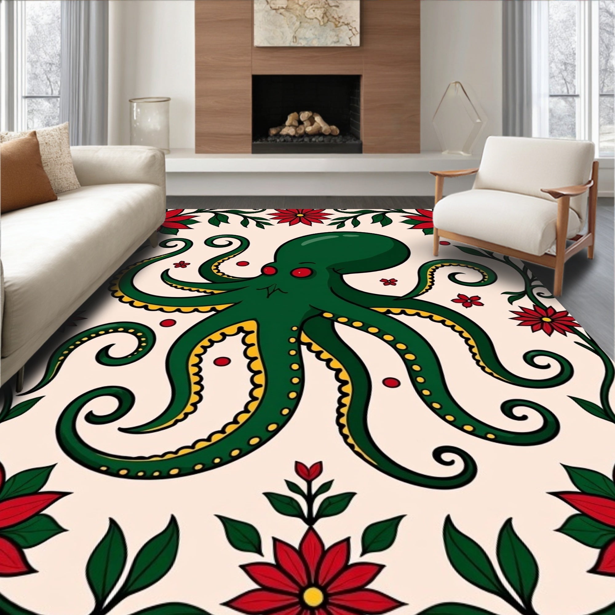 Green Octopus Red Floral Border Rug