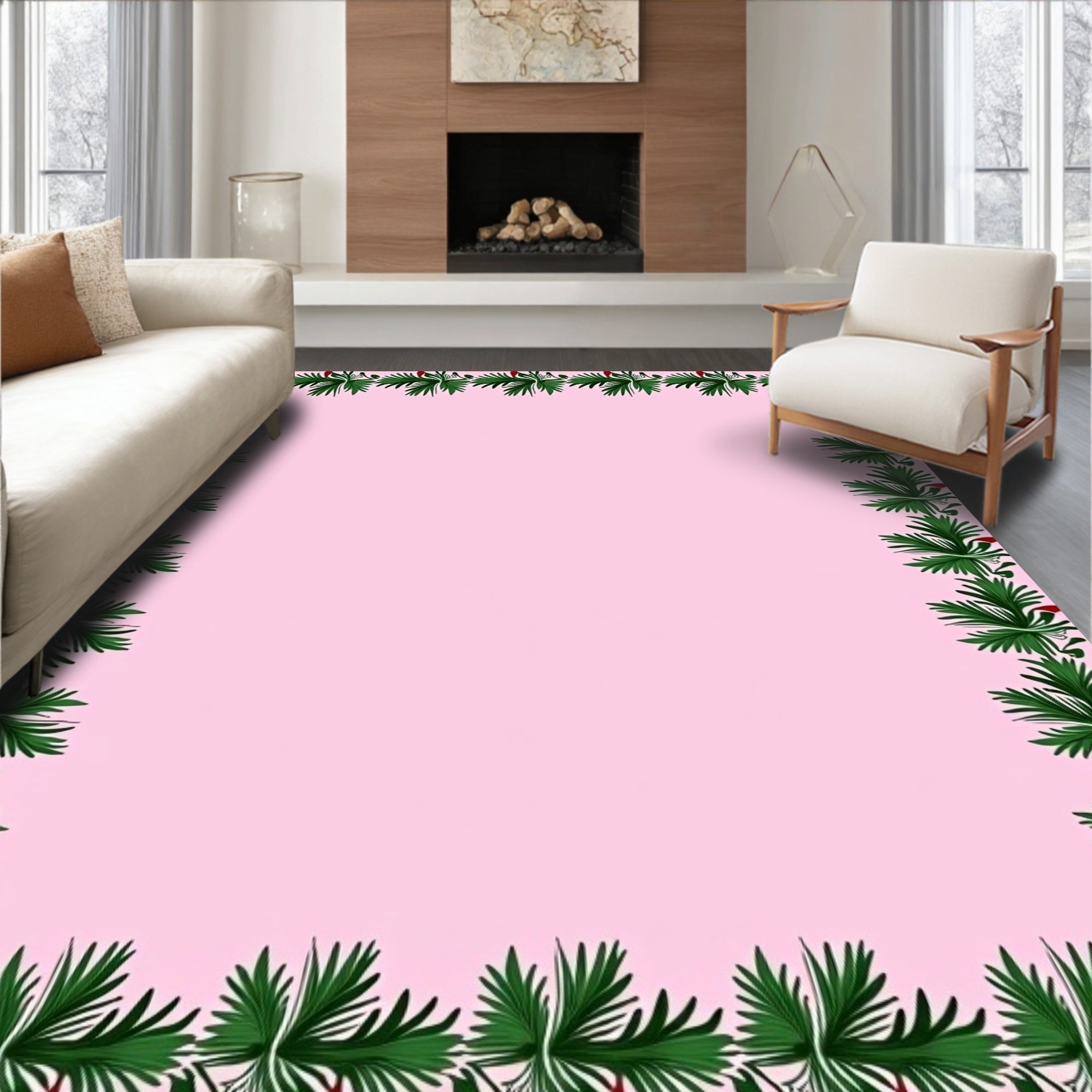 Green Festive Foliage Red Bow Border Rug