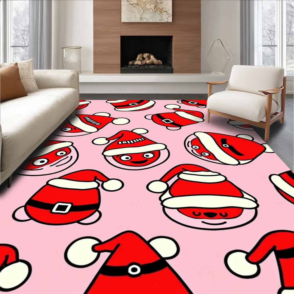 Festive Red Santa Heads Pink Background Rug