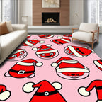 Festive Red Santa Heads Pink Background Rug