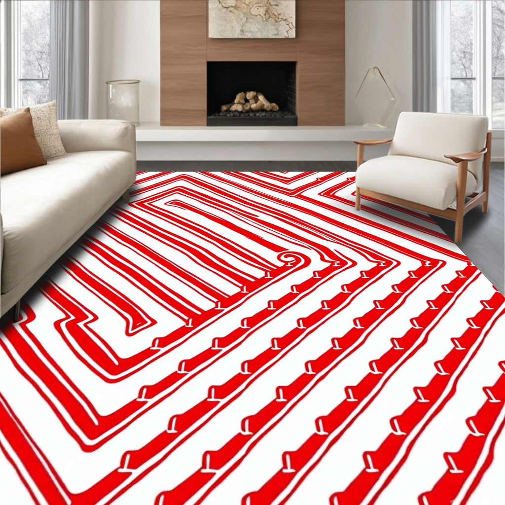 Red White Labyrinth Stripe Abstract Rug