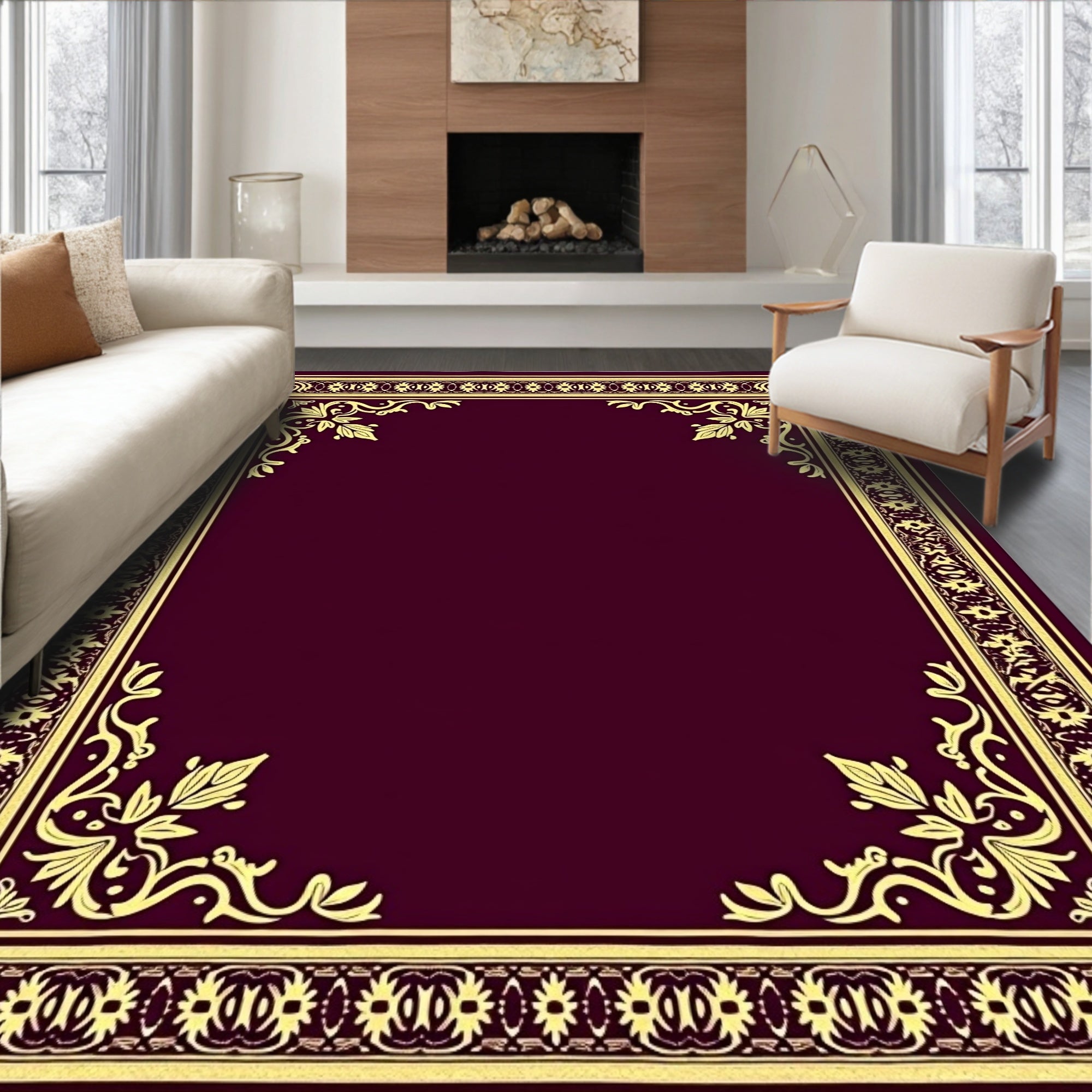 Classic Burgundy Floral Acanthus Border Rug