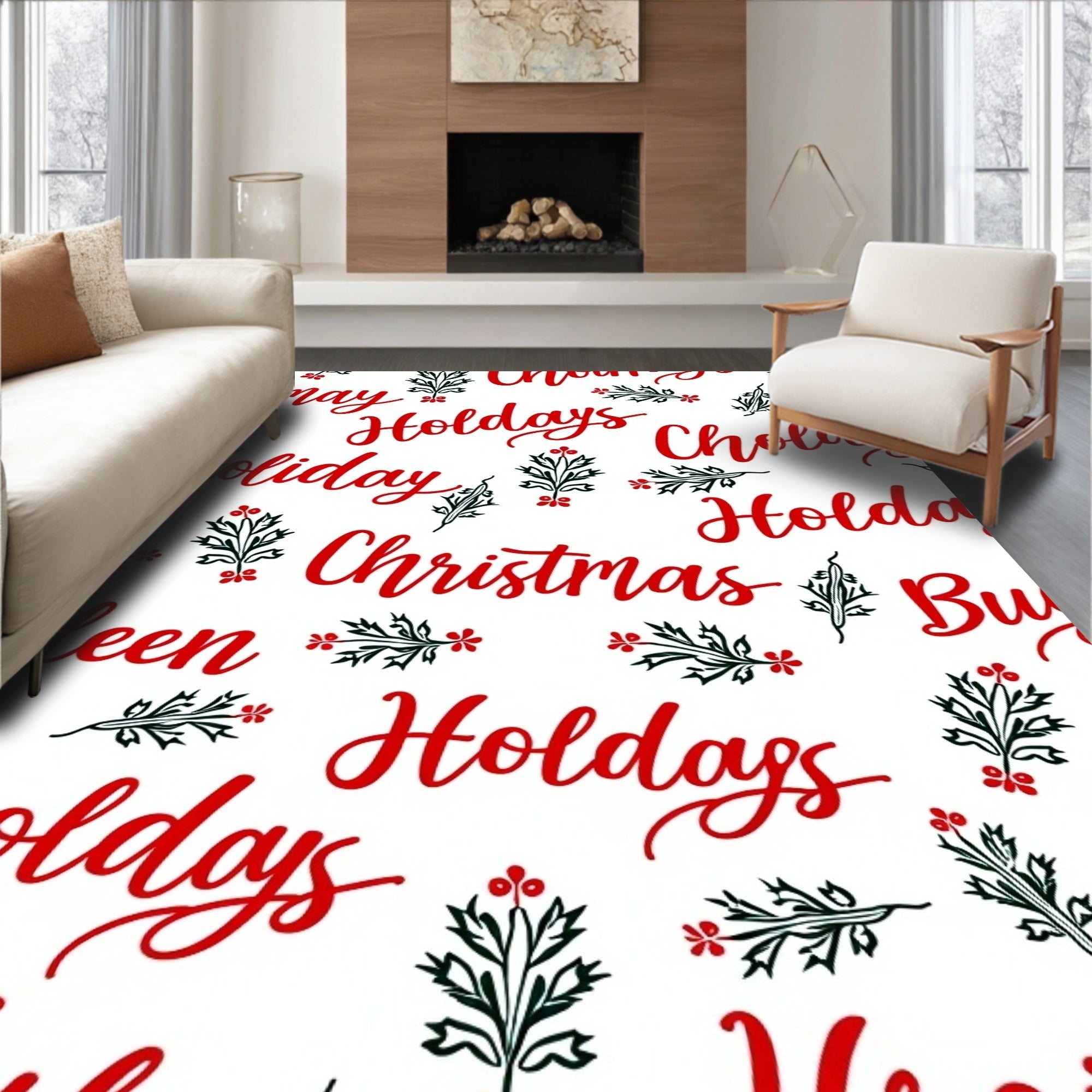 Red Holiday Holly Christmas Word Art Rug