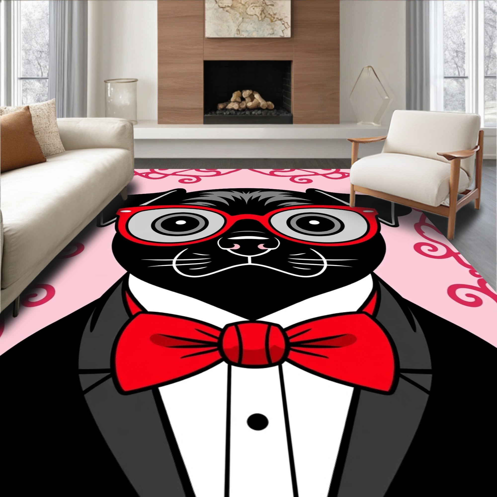 Dapper Black Pug Red Bowtie Swirl Rug