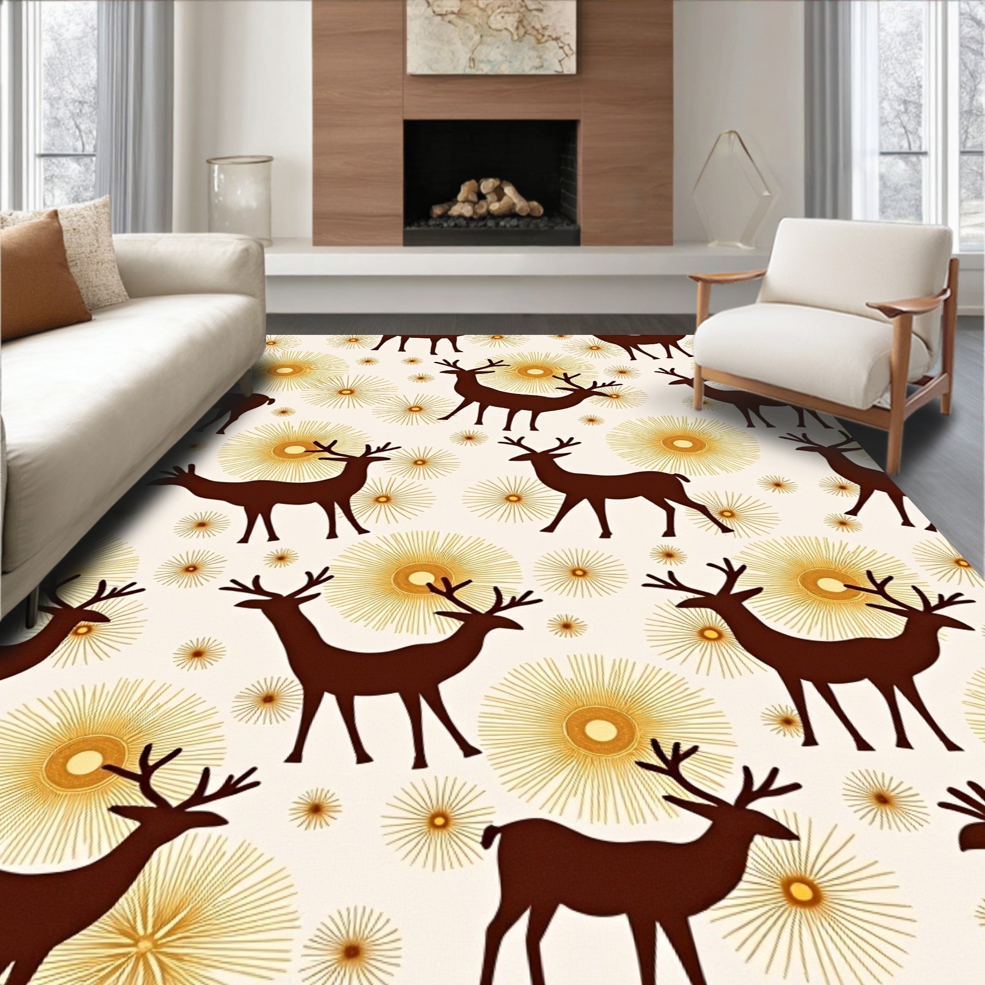 Brown Deer Yellow Sunburst Background Rug