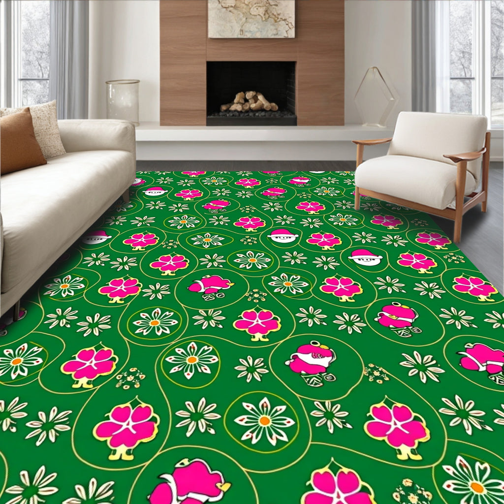 Green Pink Festive Santa Floral Meadow Rug