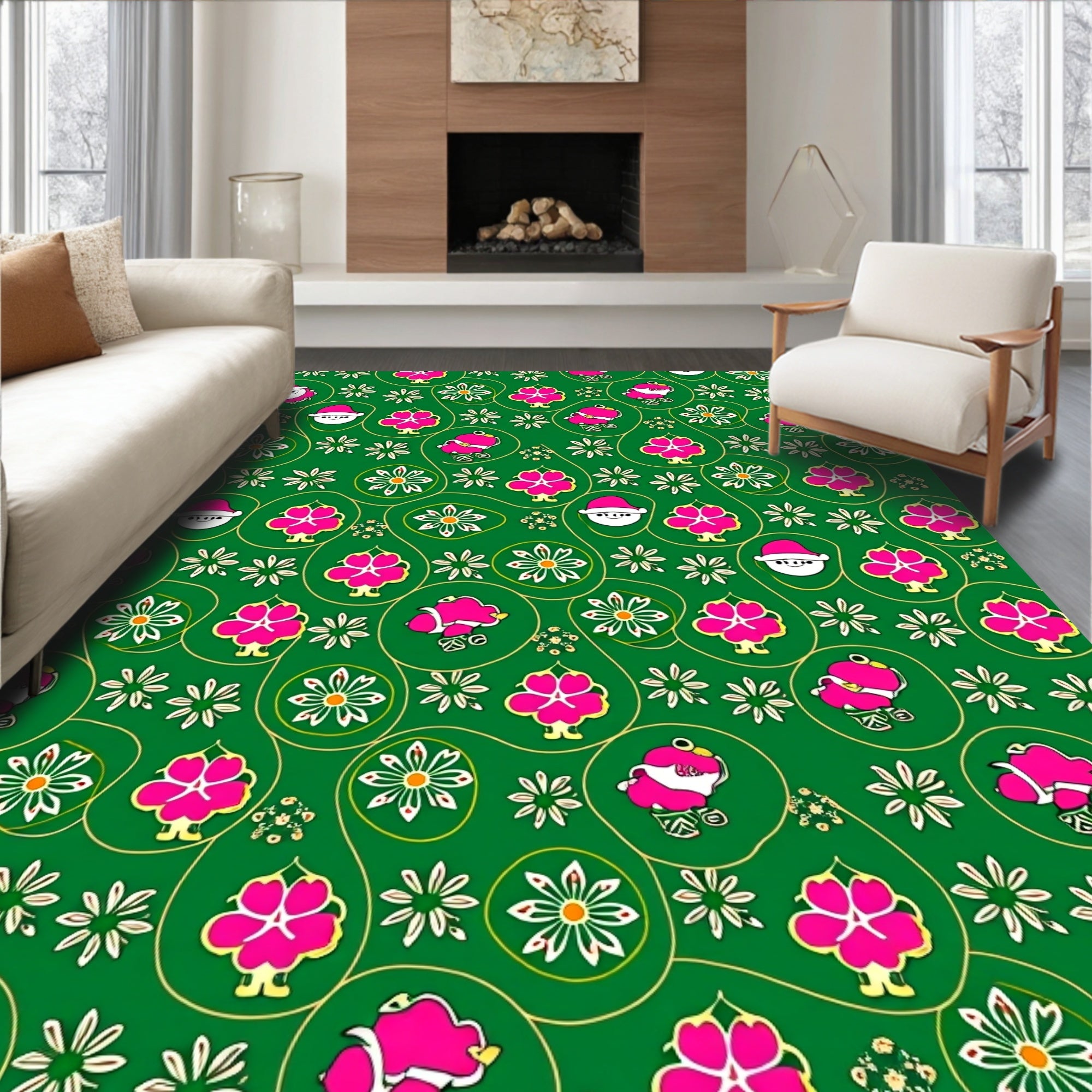 Green Pink Festive Santa Floral Meadow Rug