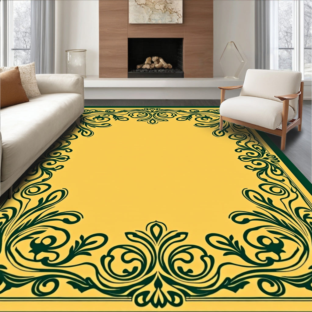 Classic Emerald Scrollwork Gold Rug