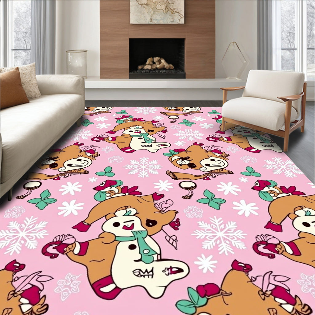 Cute Festive Animal Snowflakes Pink Rug