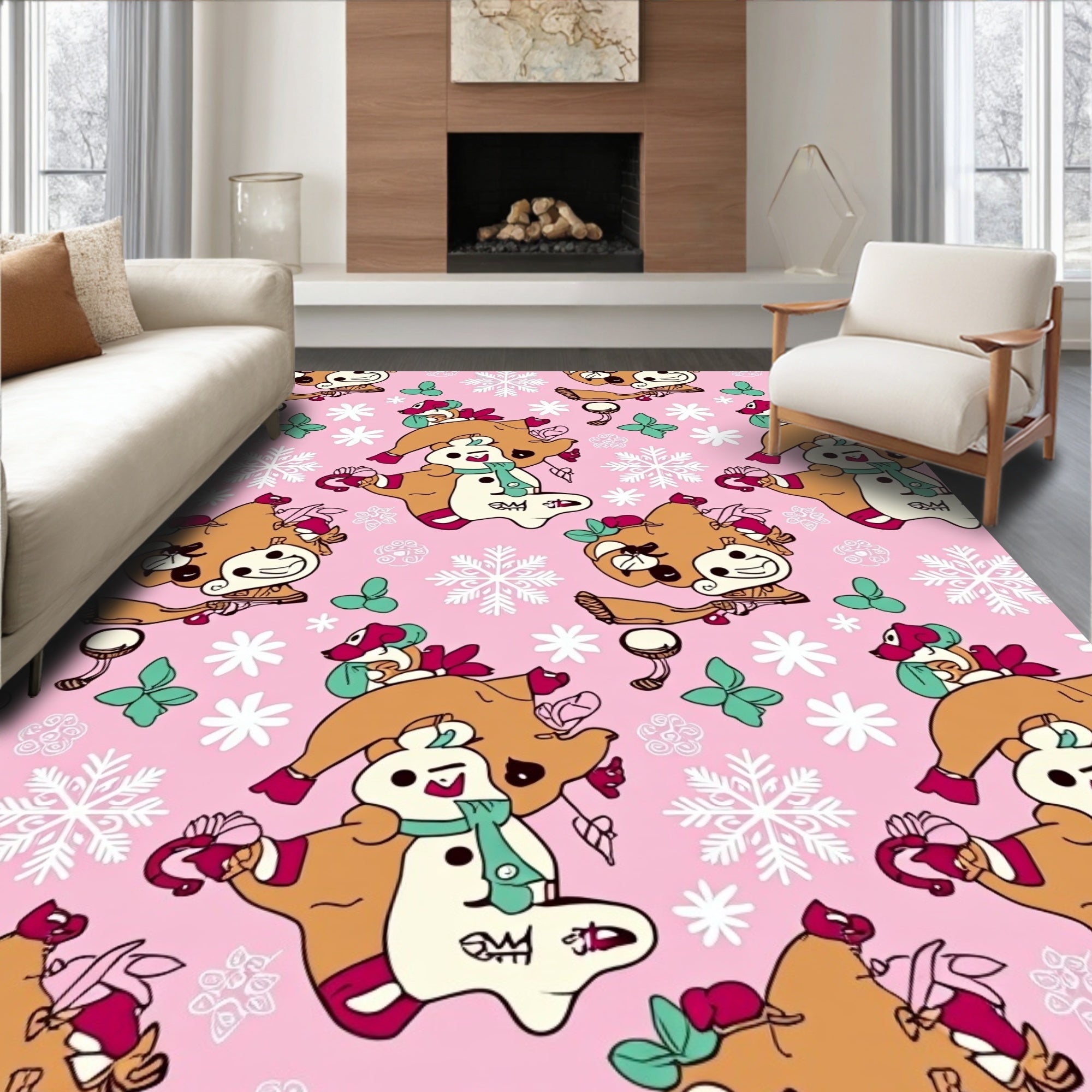 Cute Festive Animal Snowflakes Pink Rug