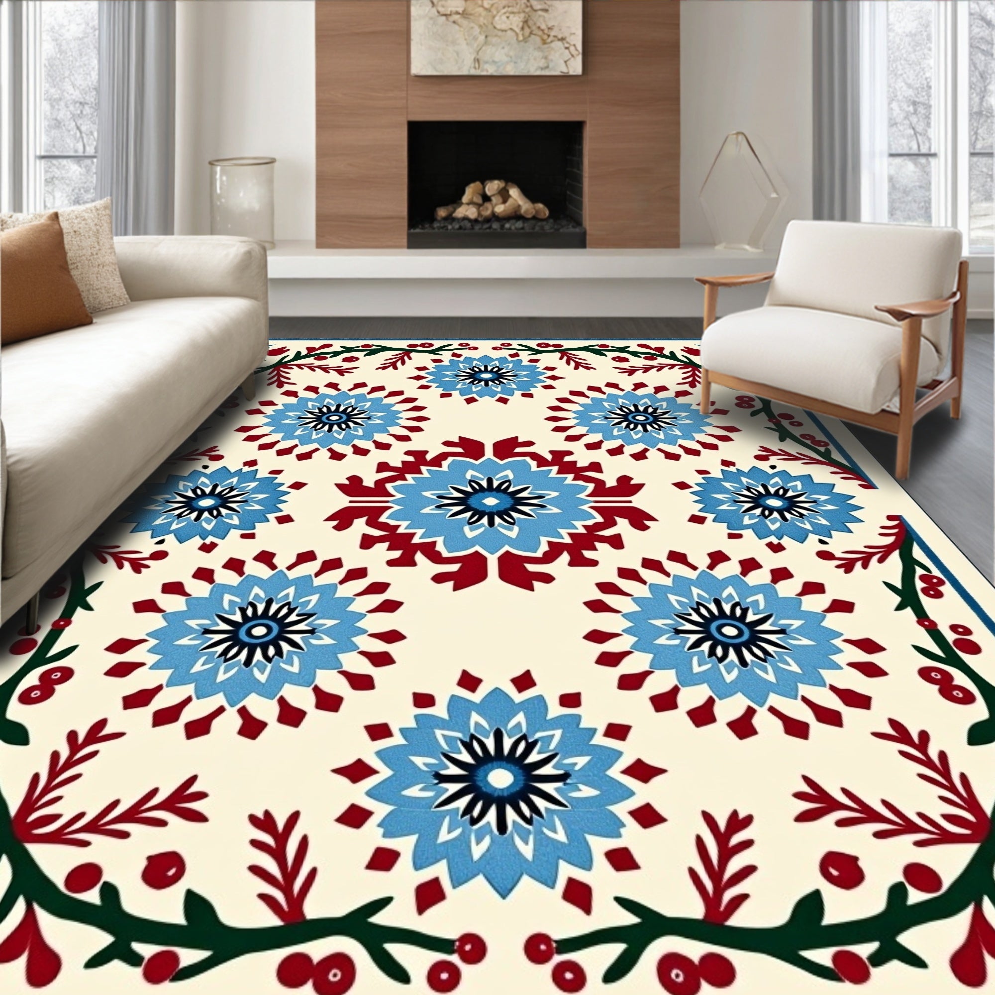Vibrant Blue Floral Folklore Border Rug