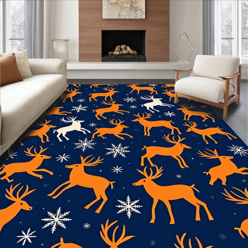 Orange Deer with Snowflakes on Navy Rug