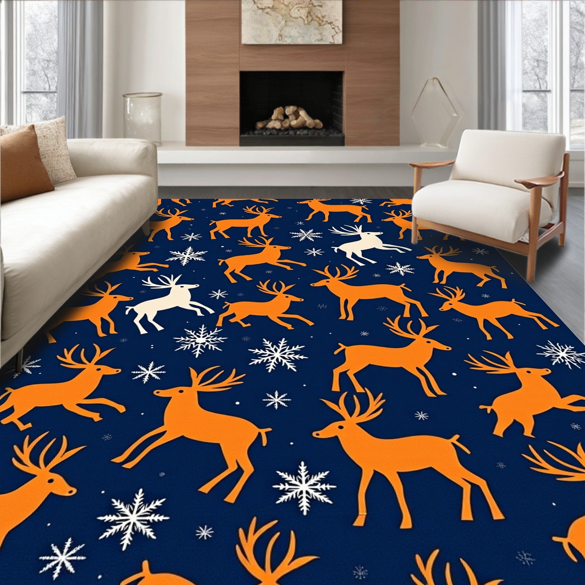Orange Deer with Snowflakes on Navy Rug